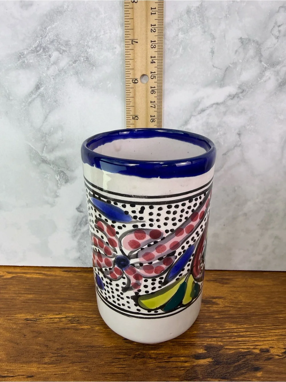 Set of 6 Mexican Talavera Style Pottery Tumblers Hand Painted Fish Folk Art Cups